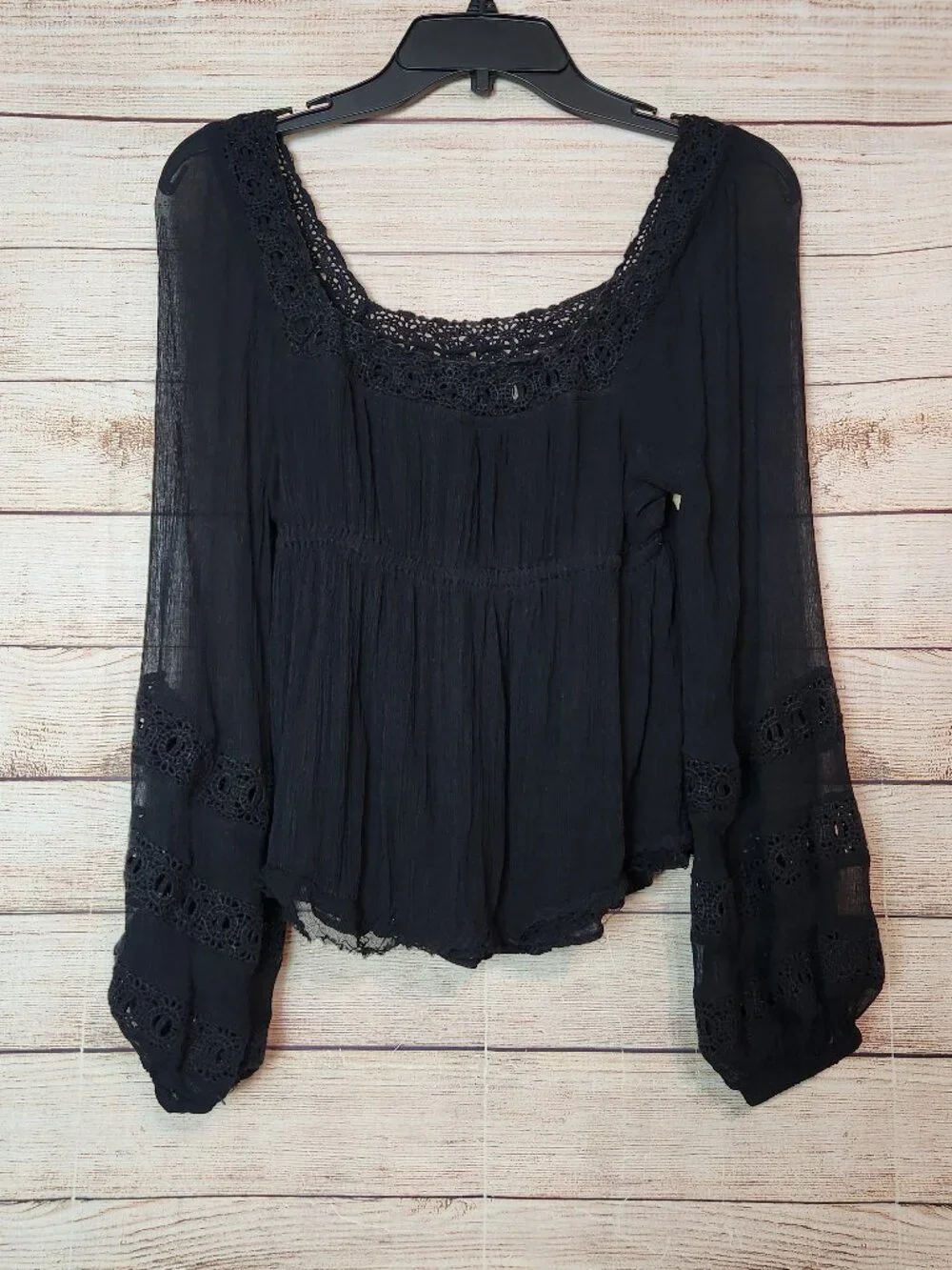 Free People Chiffon Lace Bogemian Crochet Trim Blouse Black Tunic Women's XS/TP